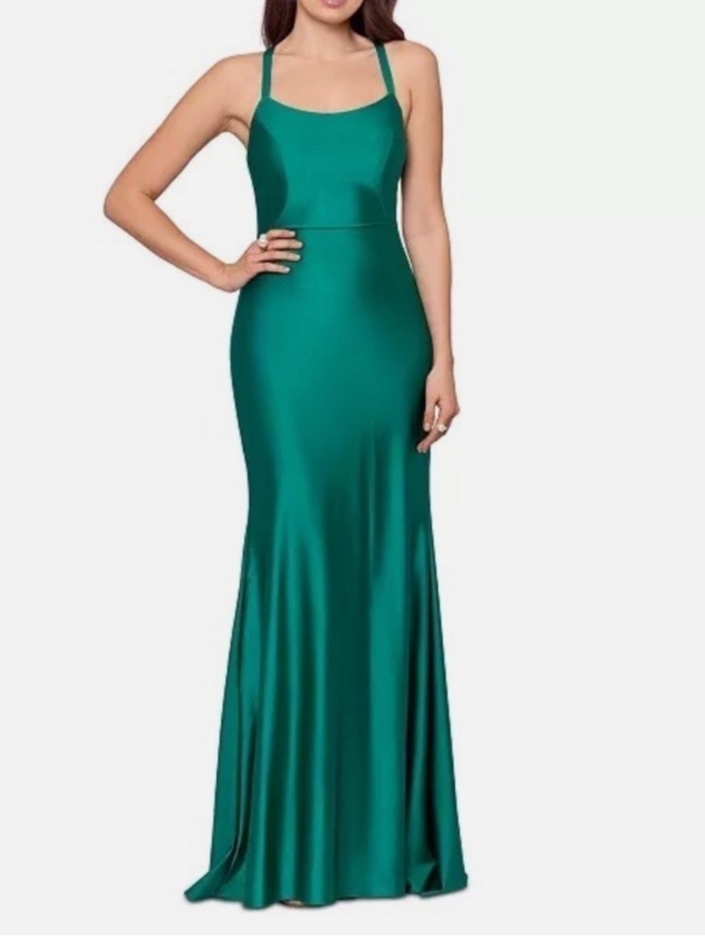 Xscape Emerald Green Lace-Up Back Satin Gown Maxi Dress